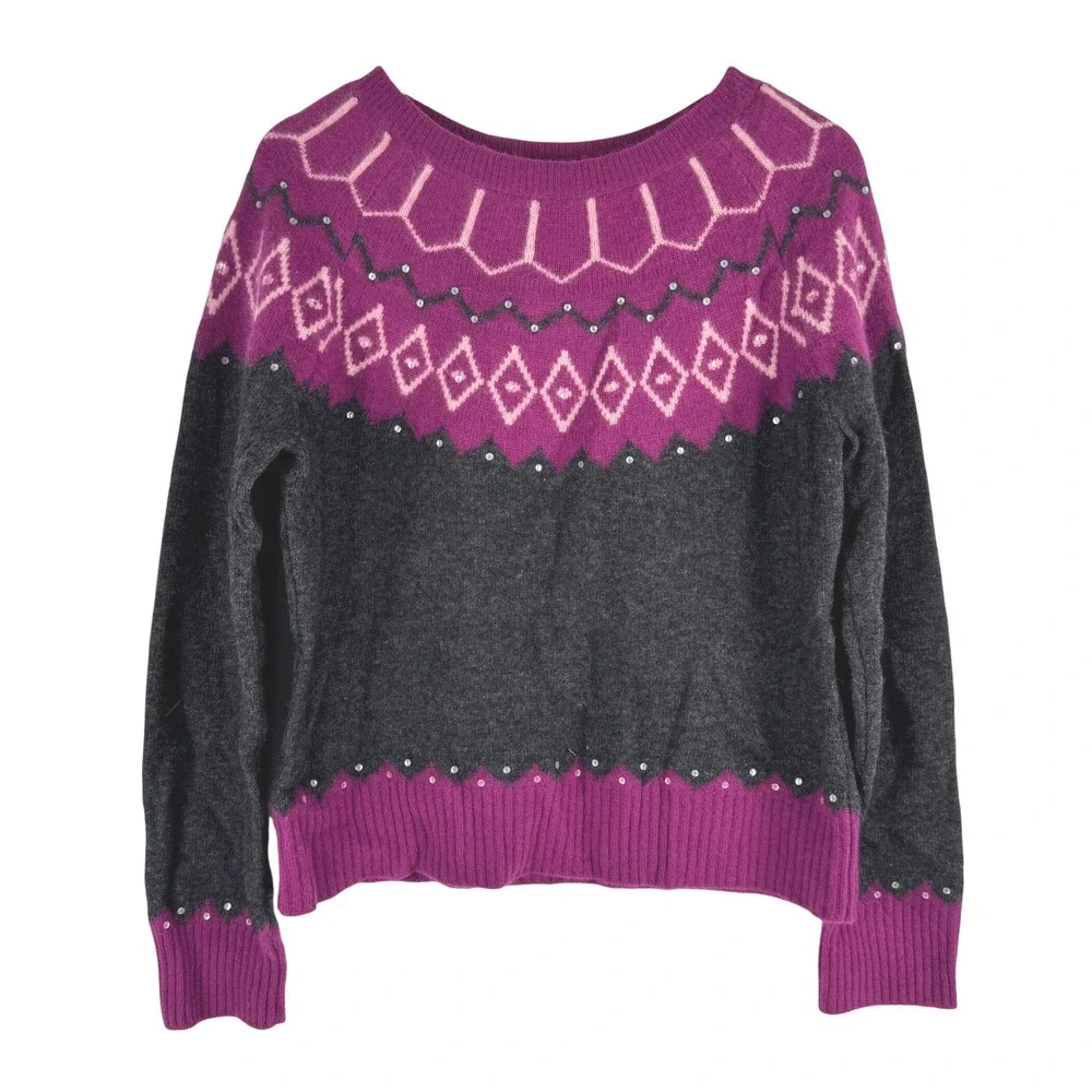 VTG! Context Wool Angora Blend Fair Isle Sequin Sweater Magenta Charcoal Gray XL